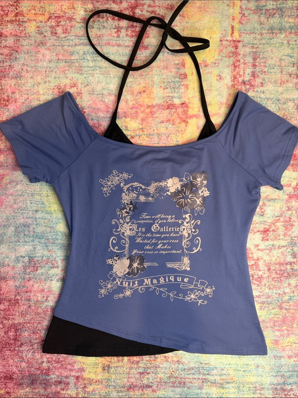 💜SHEIN Lavender Blue Off-Shoulder Graphic Crop Top with Halter Strap